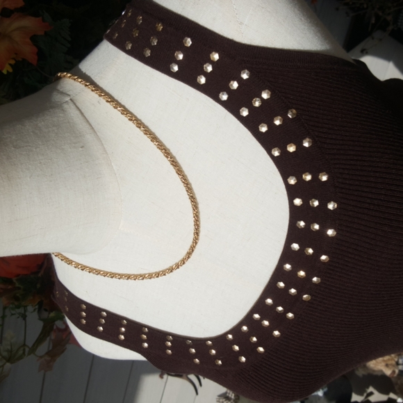 POINTELLE ♡ Vintage Brown Silk Ribbed Gold Rivet Scoop Neck Sleeveless Top S - Picture 4 of 14